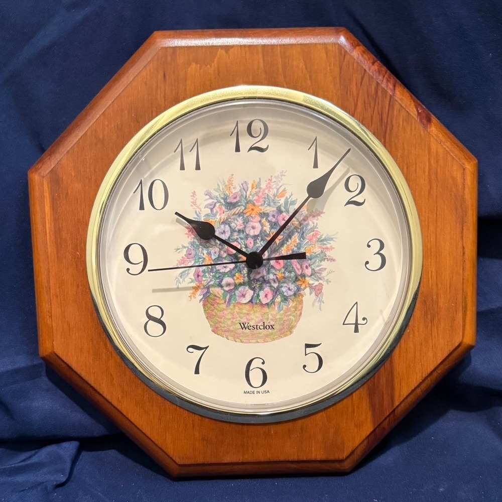 Vintage Westclox Octagonal Wood Wall Clock Floral Flower Basket Pastel USA Made